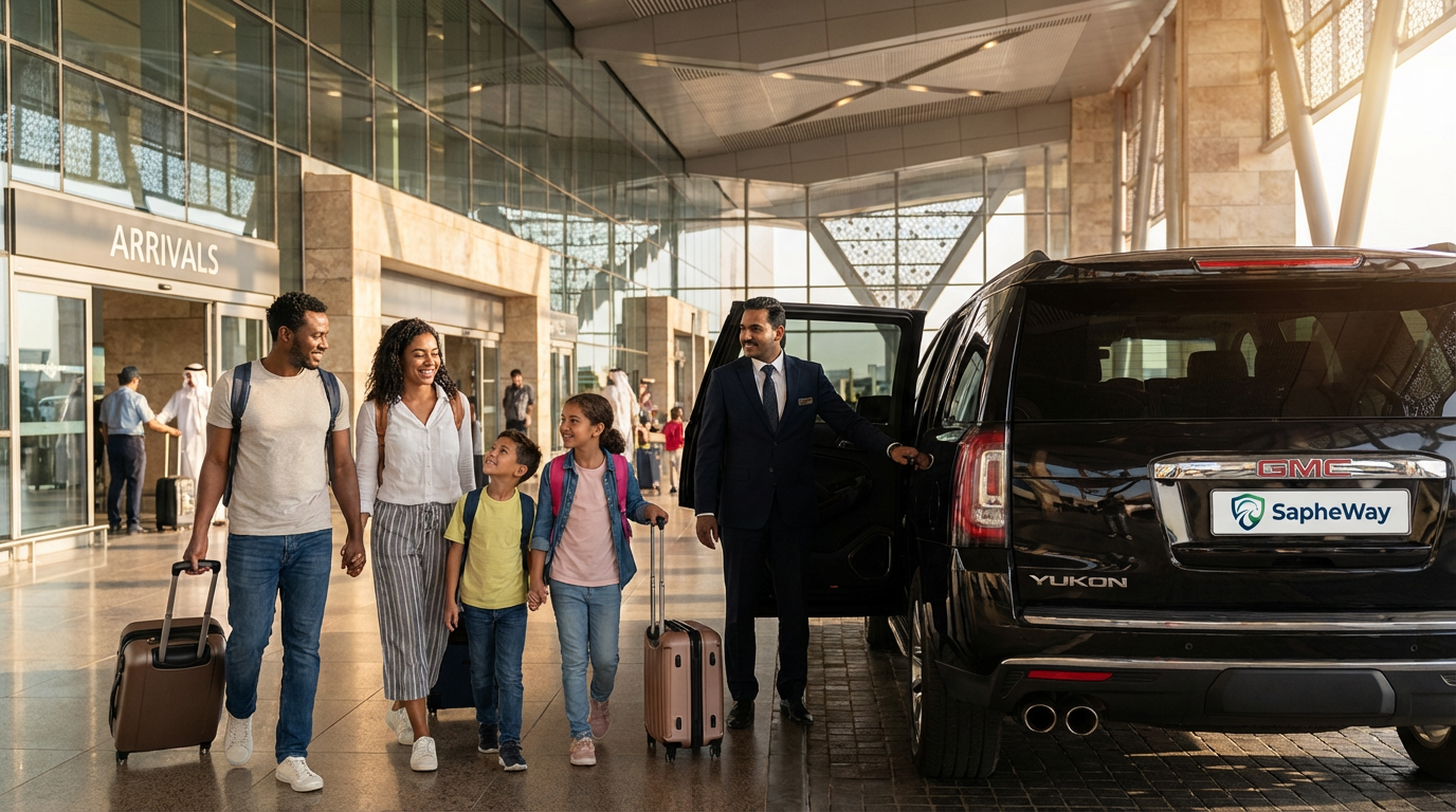 SapheWay chauffeur greeting passengers at airport arrivals