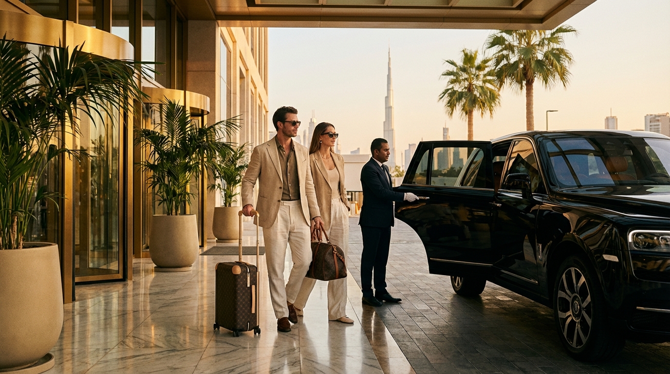 Couple at pickup location near Burj Khalifa