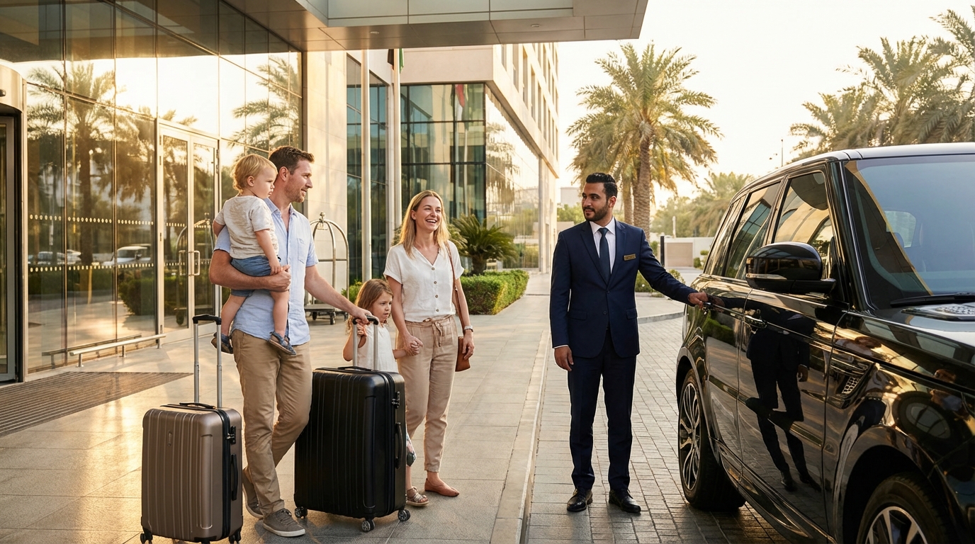 Chauffeur opening car door at hotel