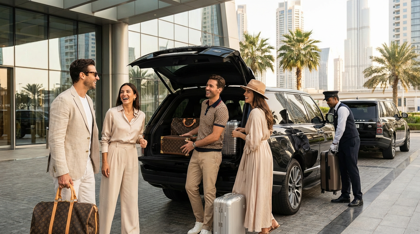 Travelers loading luggage for ground transfer